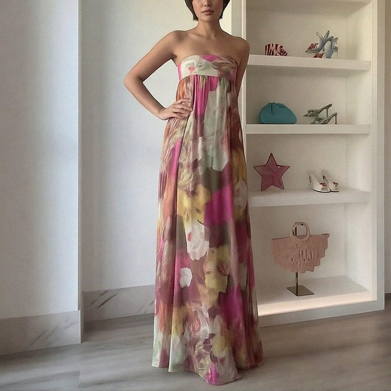Damen Strandkleid Schulterfrei Floralmuster Lang Eveloria