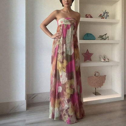 Damen Strandkleid Schulterfrei Floralmuster Lang Eveloria