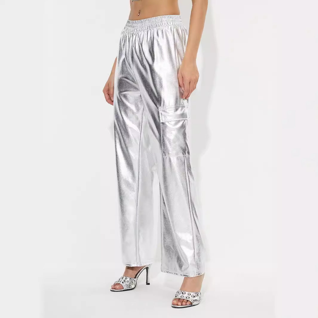 Damen Cargo-Hosen Metallic-Look Elastischer Bund Glänzend