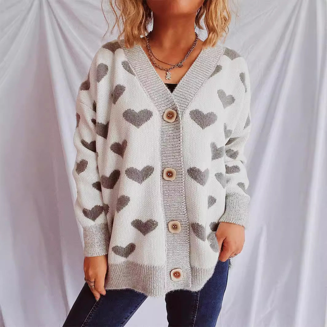 Damen Strickjacke Herzförmiges Muster Knöpfe