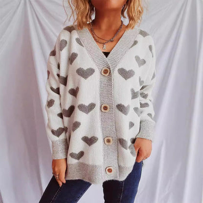 Damen Strickjacke Herzförmiges Muster Knöpfe