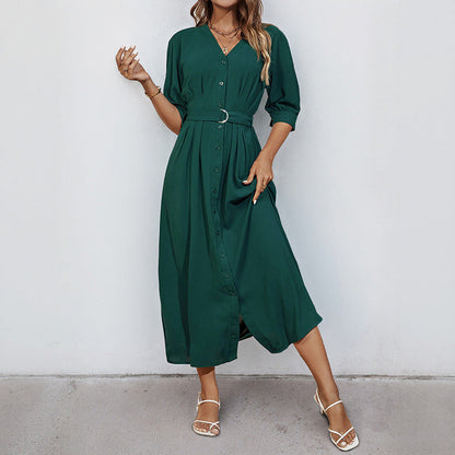 Damen Maxikleid Tailliert Gürtel Knöpfe Eveloria
