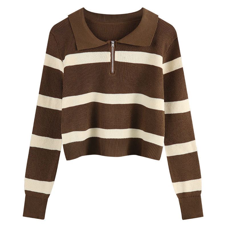 Damen Strickpullover Streifenmuster Reißverschluss