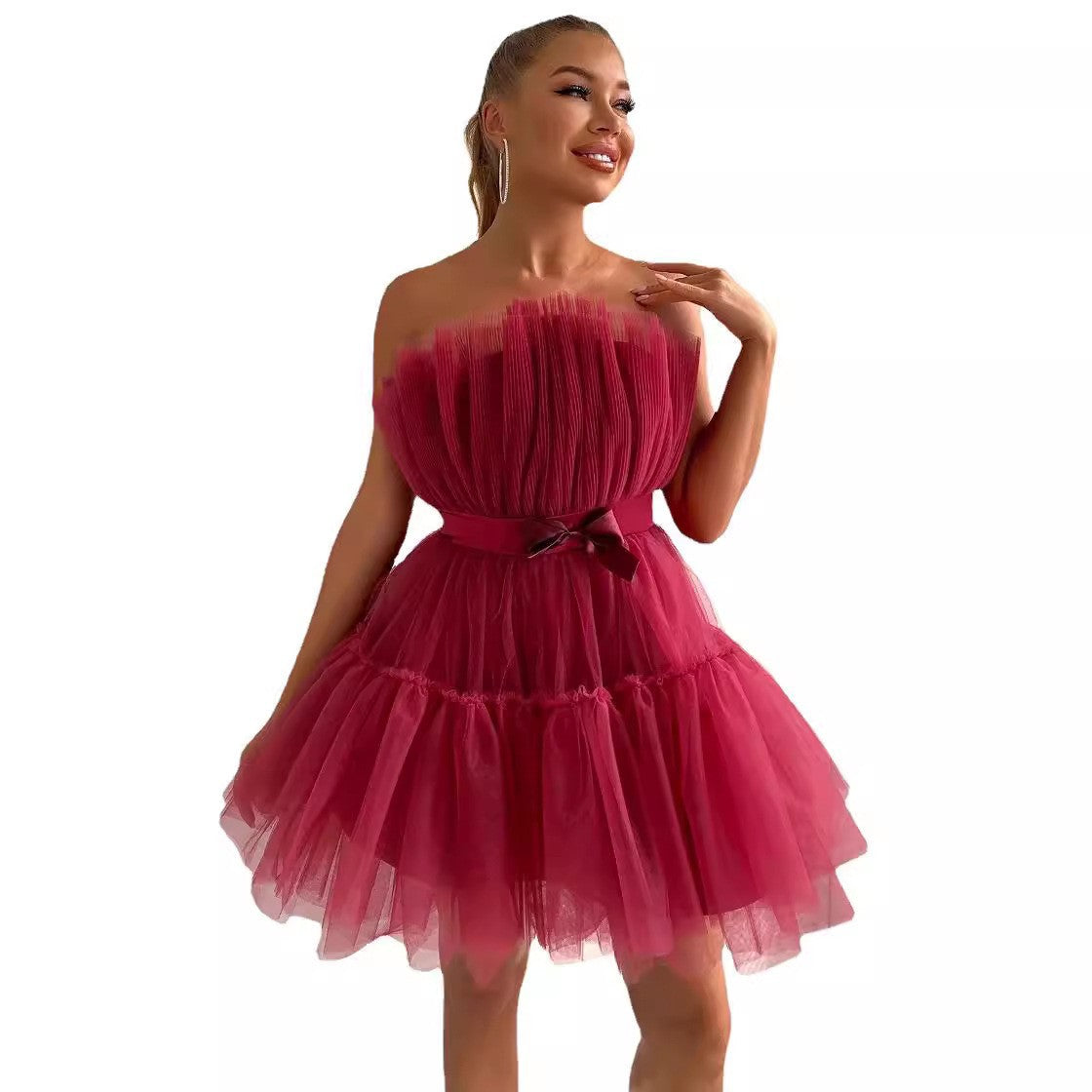 Damen Tüllkleid Asymmetrisch Voluminöse Rüschen Rosa - Eveloria