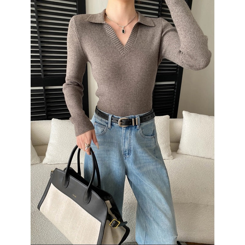 Damen Langarmshirt V-Ausschnitt Feinripp Eveloria - Eveloria