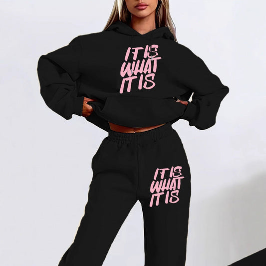 Damen Hoodie Jogginghose Set mit Schriftzug Grau - Eveloria