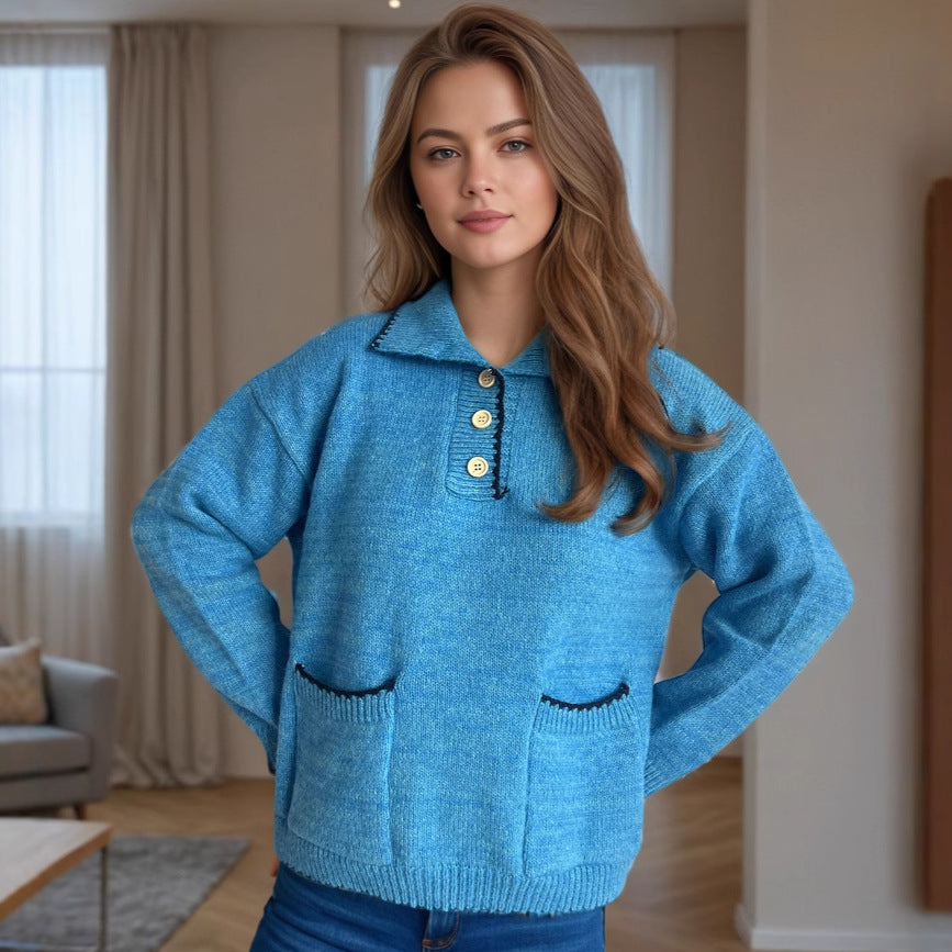 Damen Strickpullover Lässig Knöpfe Taschen Beige