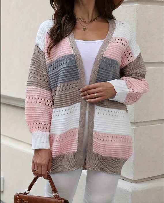 Damen Strickcardigan Groß Lochmuster Farbblockdesign Eveloria