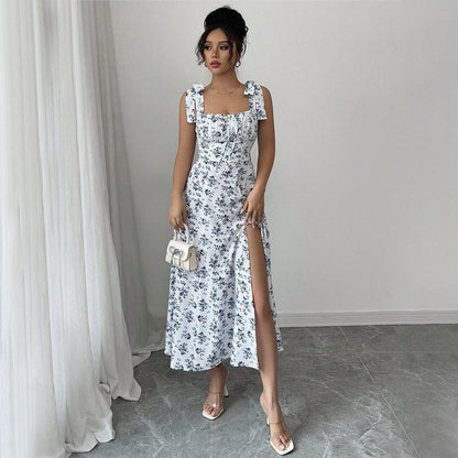 Damen Maxikleid Blumenmuster V-Ausschnitt