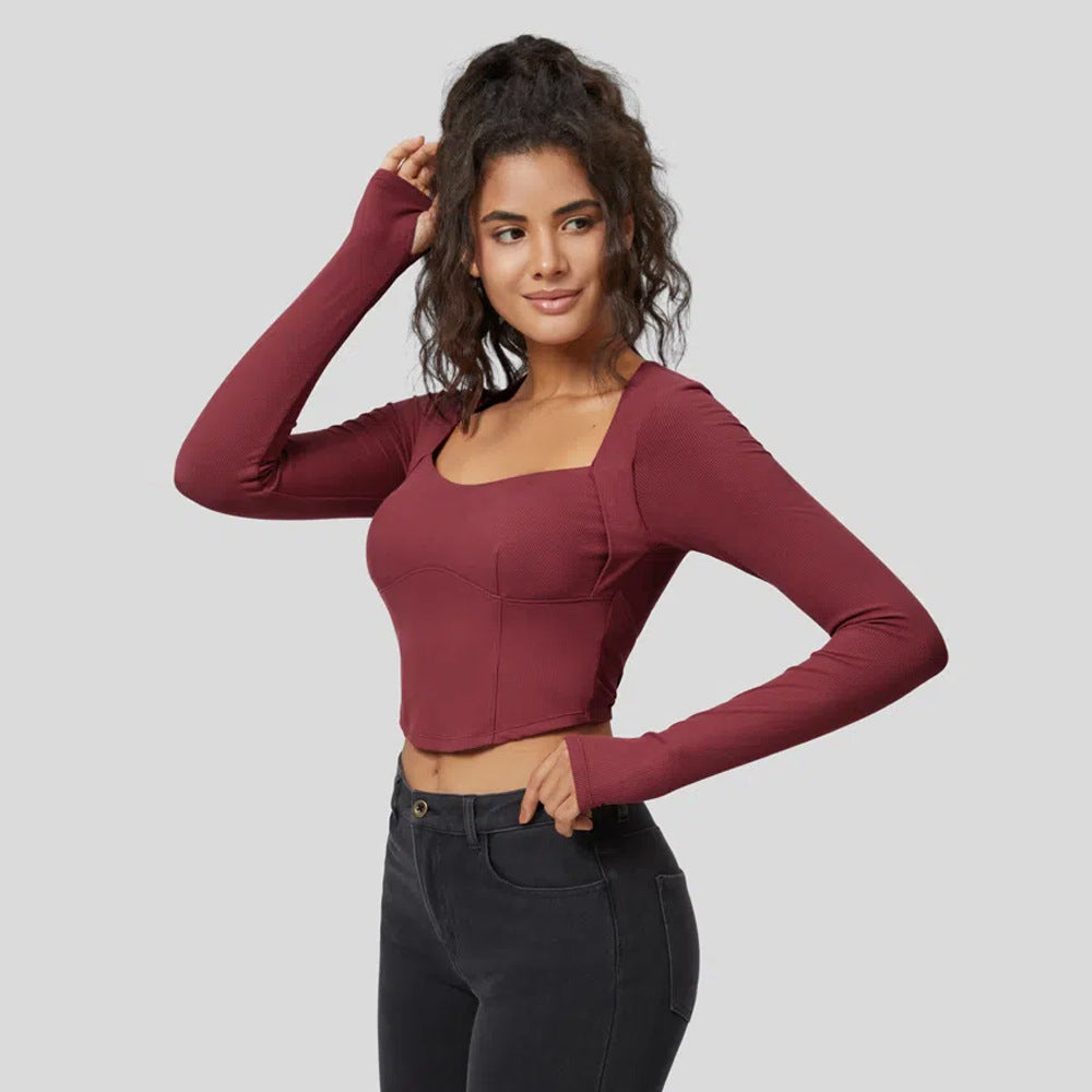 Damen Langarm Crop Rippmaterial Quadrat-Ausschnitt Eveloria