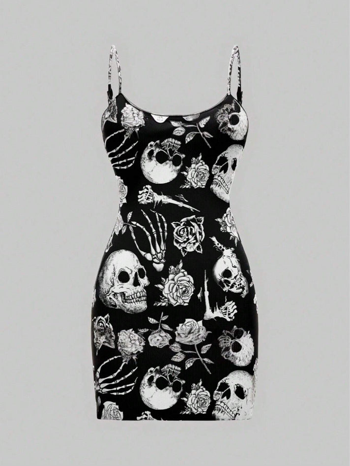 Damen Minikleid Totenkopf Rosen Motiv