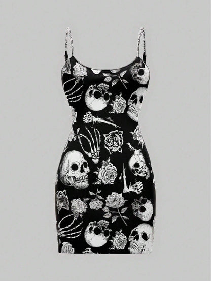 Damen Minikleid Totenkopf Rosen Motiv