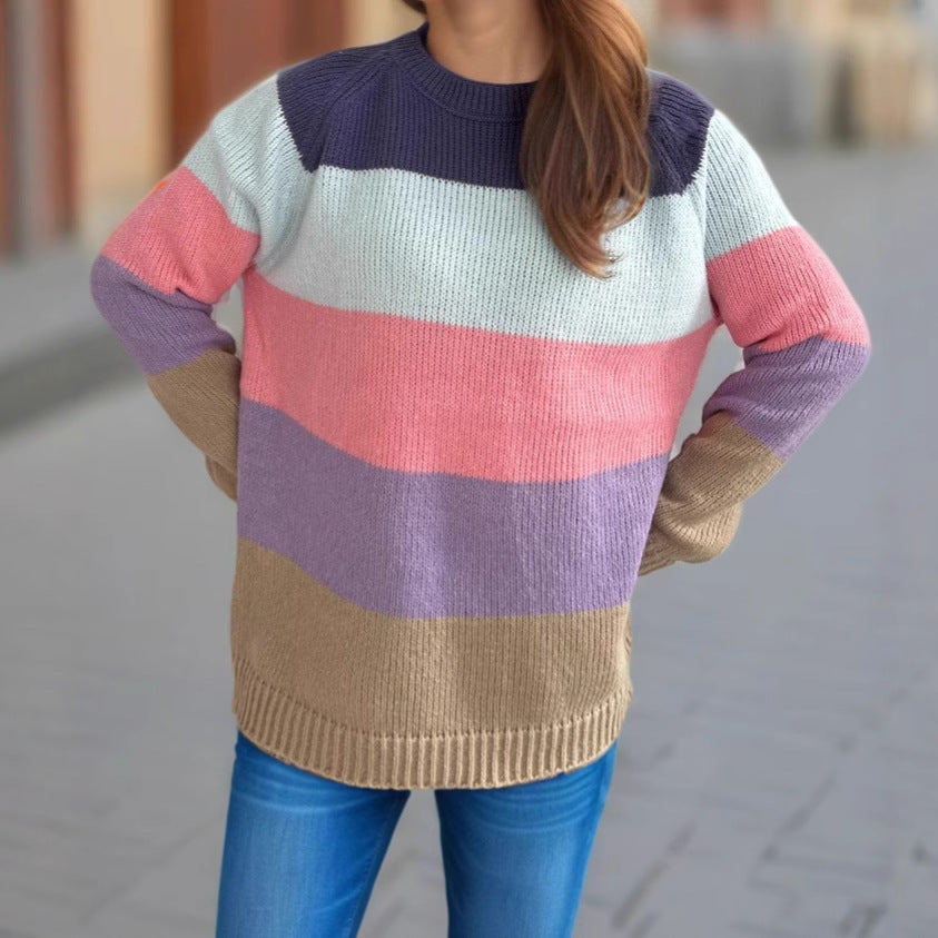 Damen Strickpullover Gestreift Bunt Lässig