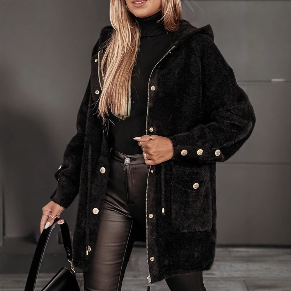 Damen Fleecejacke Mit Kapuze Druckknöpfe Grau Eveloria