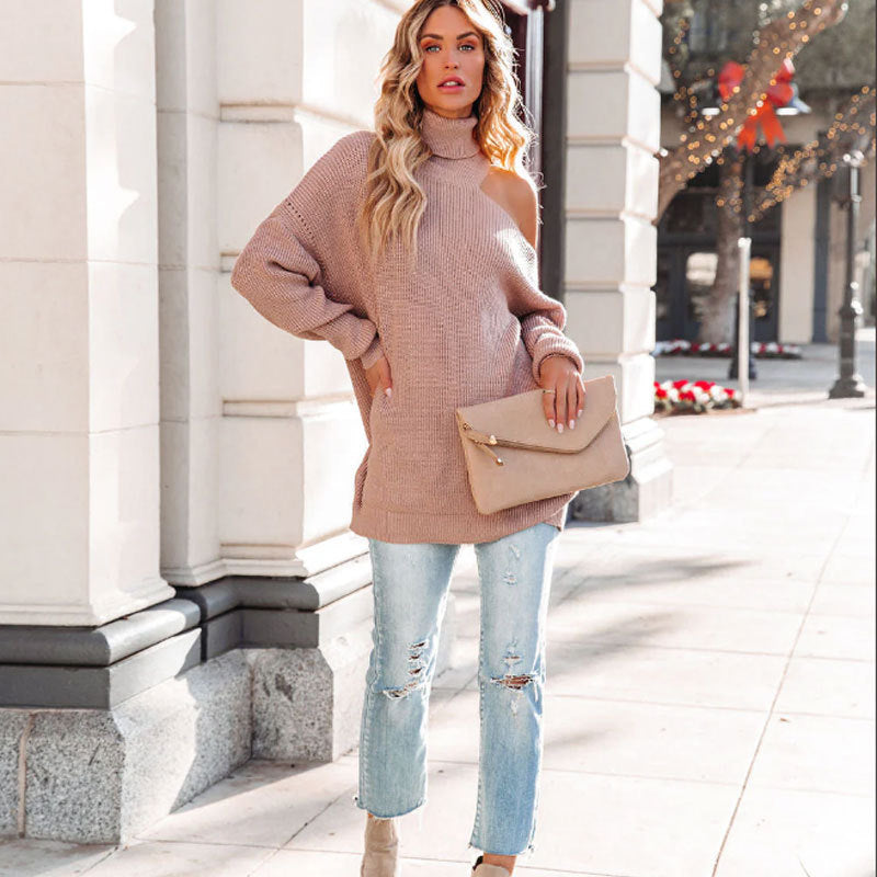 Damen Pullover Offene Schulter Hoher Kragen Eveloria - Eveloria