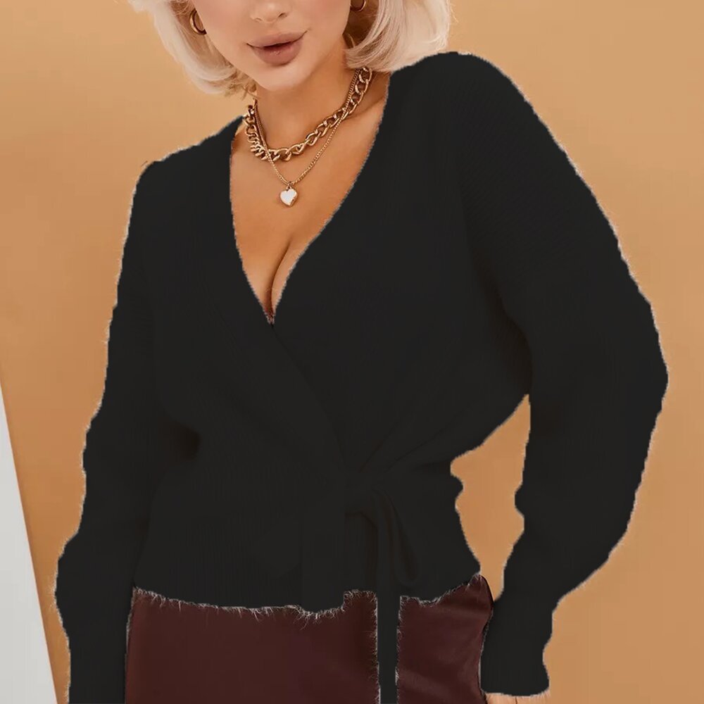 Damen Wickelcardigan Softstrick V-Ausschnitt Bindegürtel Beige