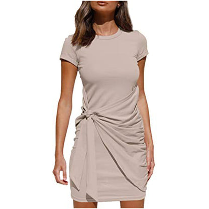 Damen Wickelkleid Kurzarm Raffung Knoten Detail Eveloria