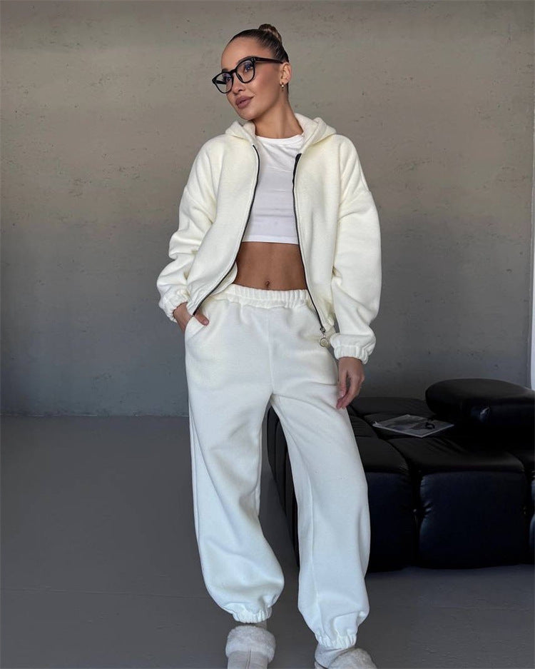 Damen Fleece-Loungewear-Set Cropped Jacke Jogginghosen Beige