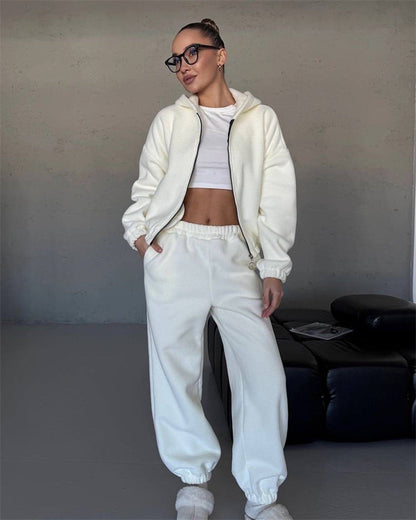 Damen Fleece-Loungewear-Set Cropped Jacke Jogginghosen Beige