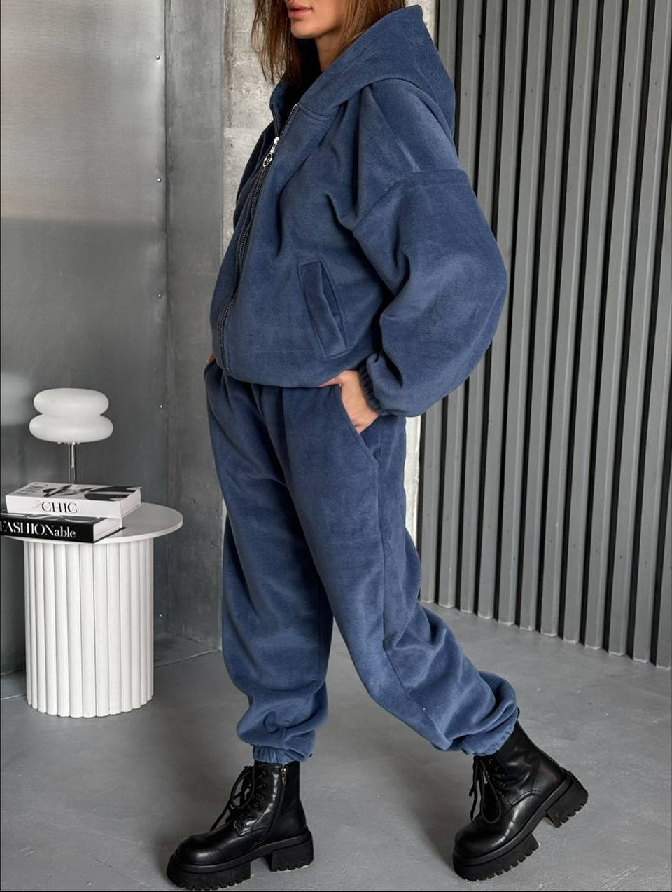 Damen Velours Jogginganzug mit Kapuze und Reißverschluss Bequem