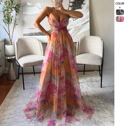 Damen Maxikleid Luftig Blumenmuster Seitenausschnitt Farbenfroh - Eveloria