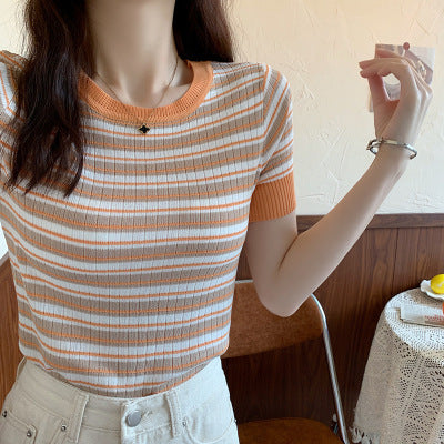 Damen Kurzarmshirt Streifenmuster Elastisch Weiß