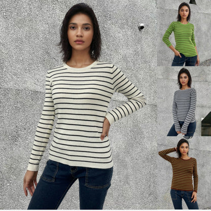 Damen Rippenpullover Gestreift Verlängerte Ärmel Eveloria - Eveloria