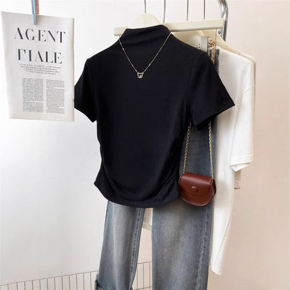 Damen T-Shirt Stehkragen Rüschendetail Figurbetont