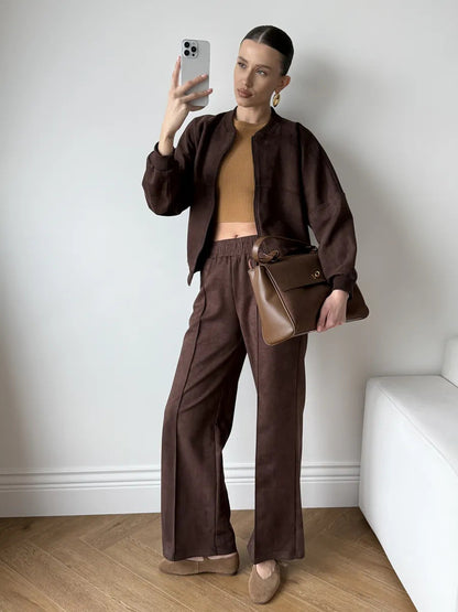Damen Freizeitanzug-Set Cropped Oberteil Weites Hosenbein