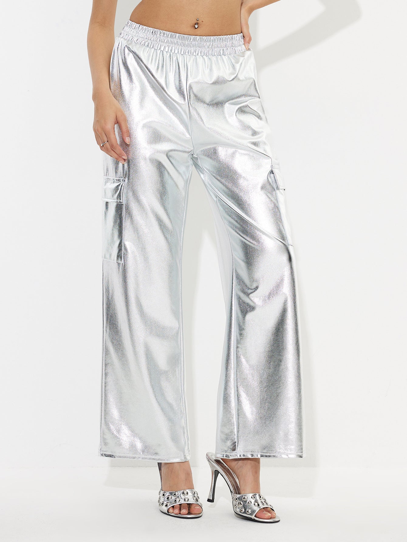 Damen Cargo-Hosen Metallic-Look Elastischer Bund Glänzend