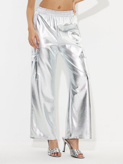 Damen Cargo-Hosen Metallic-Look Elastischer Bund Glänzend
