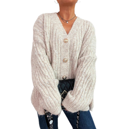 Damen Strickjacke Oversized Weiches Material Goldene Knöpfe Beige