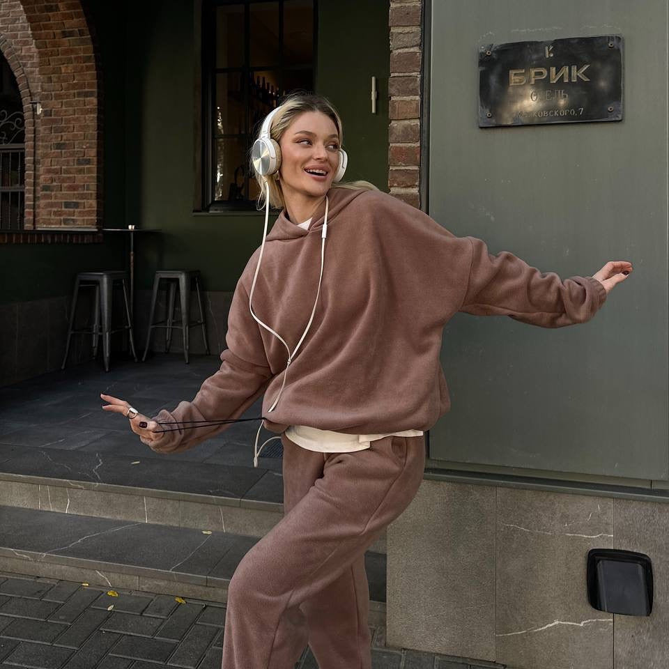 Damen Fleece-Jogginganzug Hochbündig Mit Taschen Grau Eveloria