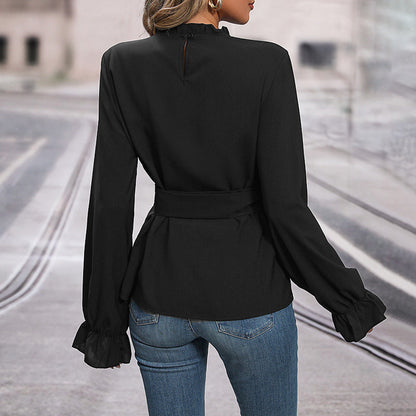 Damen Bluse Rüschendetails Taillengürtel Eveloria