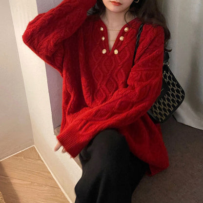 Damen Grobstrickpullover V-Ausschnitt mit Knöpfen