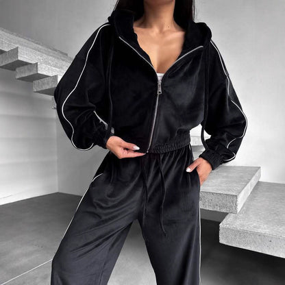 Damen Fleece-Jogginganzug Kapuze Kontrastpaspel Grau