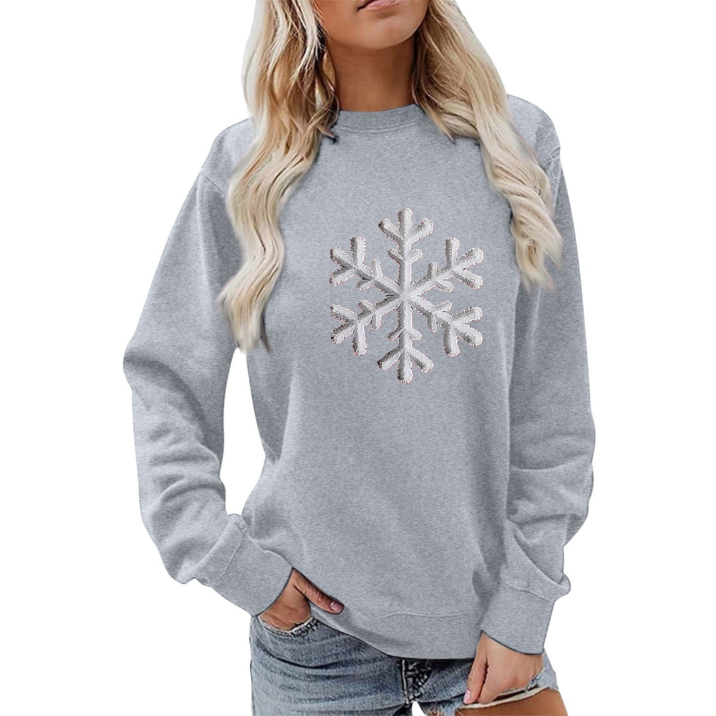 Damen Sweatshirt Schneeflockenmotiv Lässig Grau Eveloria