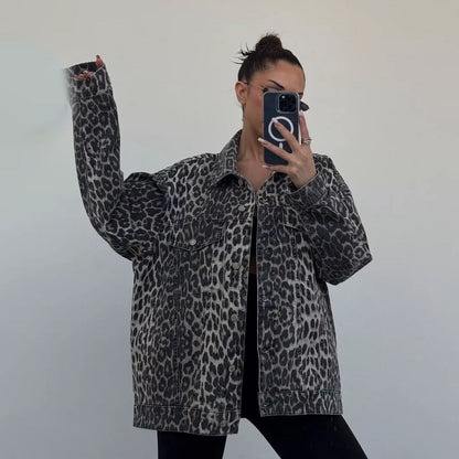 Damen Oversized Jeansjacke Leopardenmuster