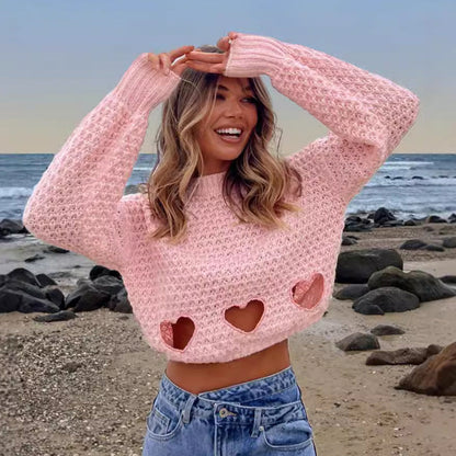 Damen Strickpullover Herz-Ausschnitte Crop-Design Rosa - Eveloria