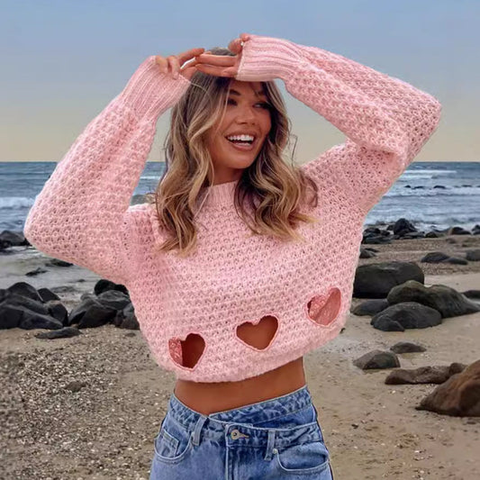 Damen Strickpullover Herz-Ausschnitte Crop-Design Rosa - Eveloria