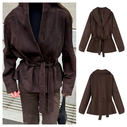 Damen Kunstlederjacke mit Breitem Kragen und Taillengürtel - Eveloria
