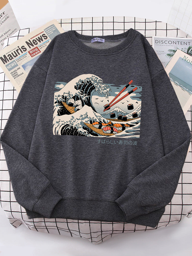 Damen Sweatshirt Wellen-Design Baumwolle Gemütlich Grau