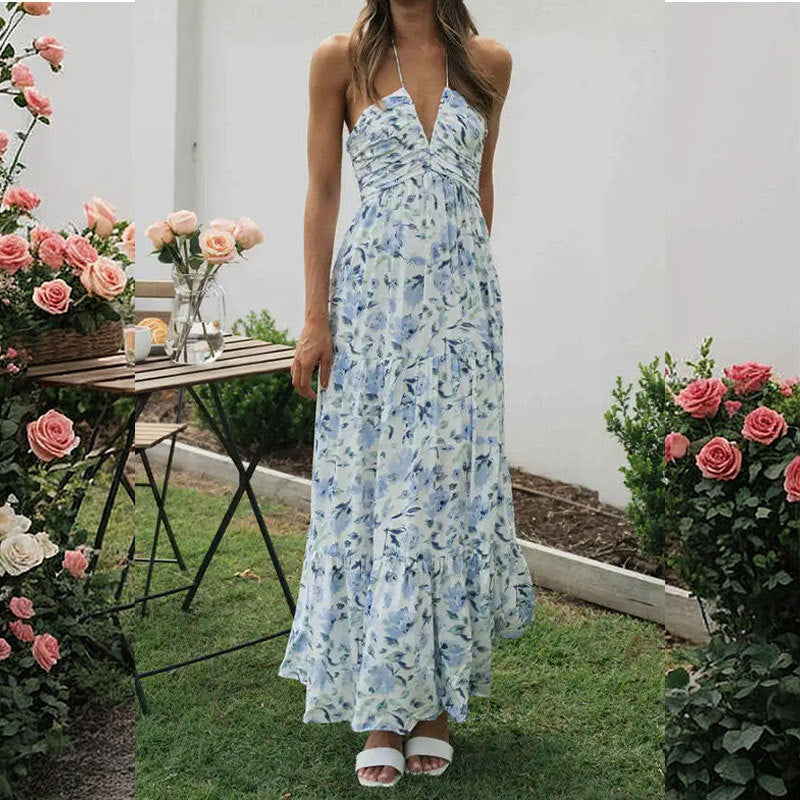 Damen Maxikleid V-Ausschnitt Raffung Romantik