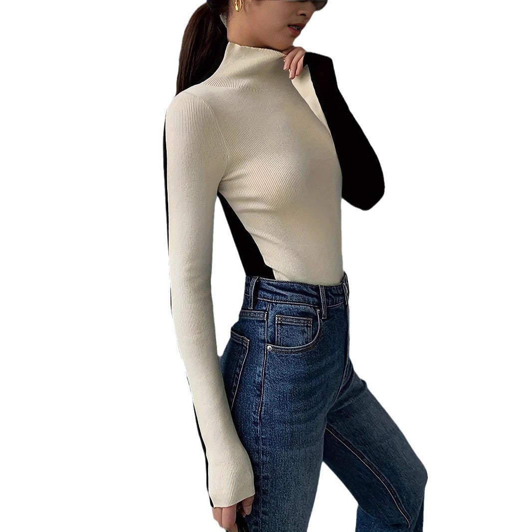 Damen Rollkragenpullover Kontrastärmel Eveloria