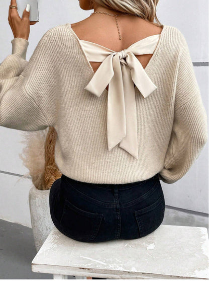 Damen Strickpullover V-Ausschnitt Schleifen-Detail Eveloria