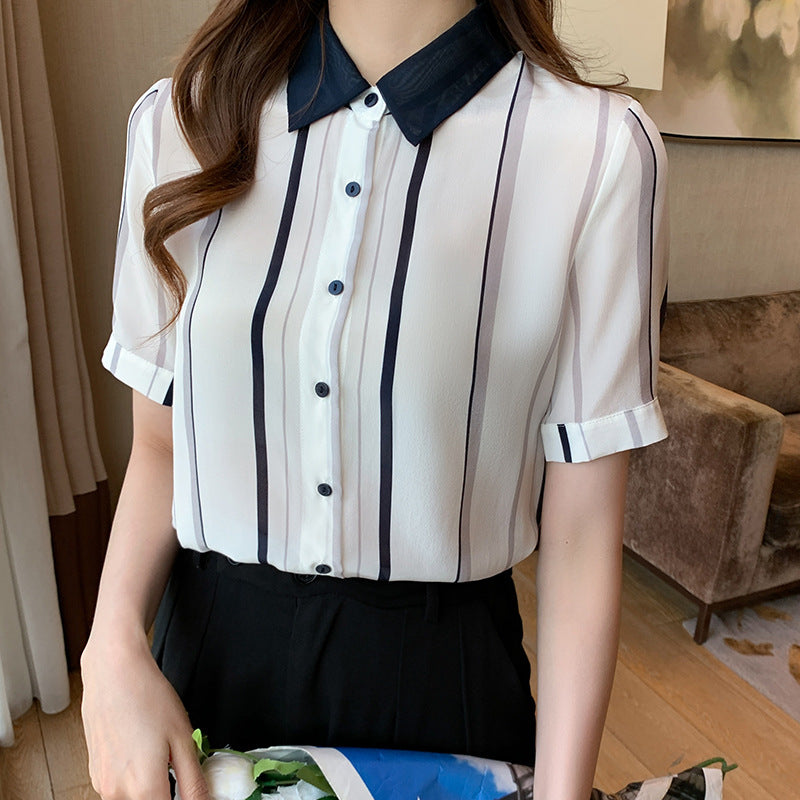 Damen Bluse Kurzarm Streifenmuster Eleganter Kragen Weiß