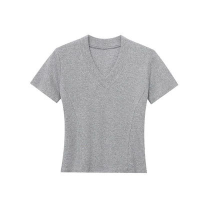 Damen V-Ausschnitt T-Shirt Rippstrick Figurbetont Eveloria