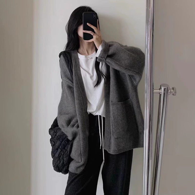 Damen Strickcardigan V-Ausschnitt mit Taschen Grau