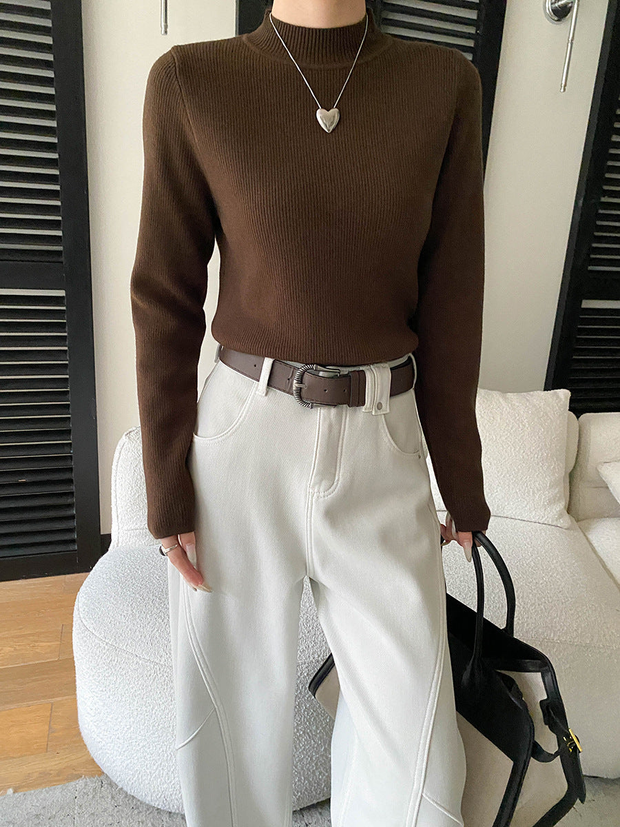 Damen Strickoberteil Figurbetont Hohem Kragen Rippdetails Elegant