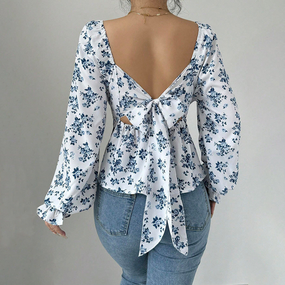 Damen Bluse Floralmuster Voluminöse Ärmel Eveloria